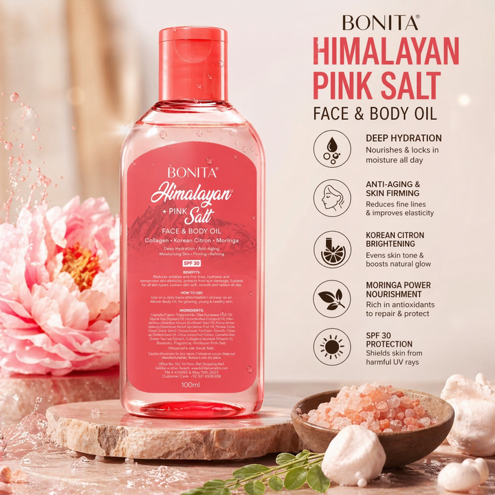 Bonita Himalayan Pink Salt Face & Body Oil – Collagen Infused, Korean Citron & Moringa | Deep Hydration, Anti-Aging, Skin Firming with SPF 30 (100ml)