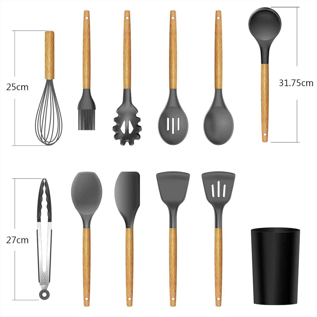 Premium 12-Piece Non-Stick Silicone Kitchen Utensils Set | Heat-Resistant Cooking Tools with Natural Wooden Handles & Storage Bucket