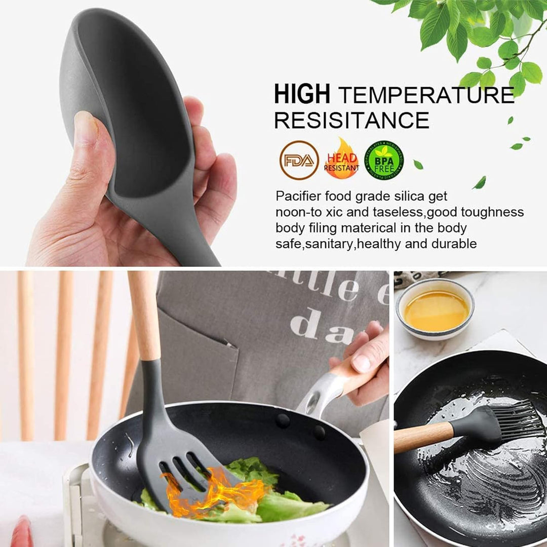 Premium 12-Piece Non-Stick Silicone Kitchen Utensils Set | Heat-Resistant Cooking Tools with Natural Wooden Handles & Storage Bucket