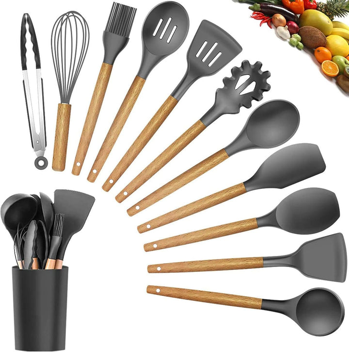 Premium 12-Piece Non-Stick Silicone Kitchen Utensils Set | Heat-Resistant Cooking Tools with Natural Wooden Handles & Storage Bucket