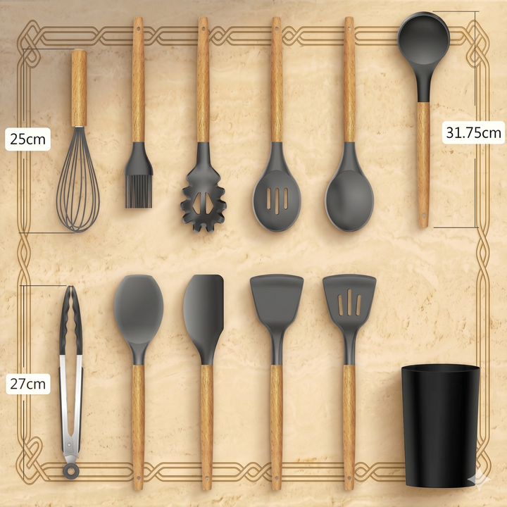 Premium 12-Piece Non-Stick Silicone Kitchen Utensils Set | Heat-Resistant Cooking Tools with Natural Wooden Handles & Storage Bucket