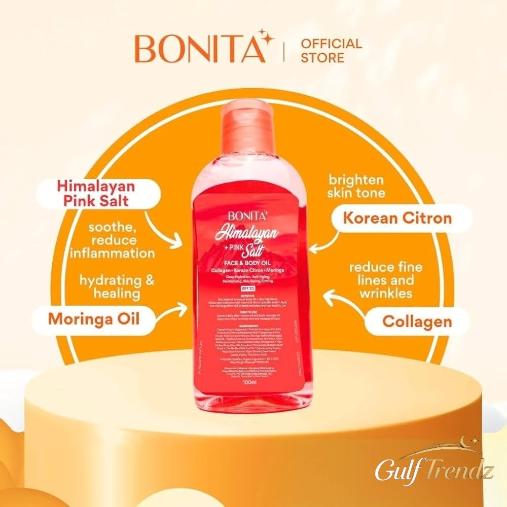 Bonita Himalayan Pink Salt Face & Body Oil – Collagen Infused, Korean Citron & Moringa | Deep Hydration, Anti-Aging, Skin Firming with SPF 30 (100ml)