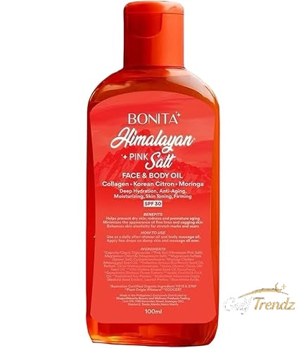 Bonita Himalayan Pink Salt Face & Body Oil – Collagen Infused, Korean Citron & Moringa | Deep Hydration, Anti-Aging, Skin Firming with SPF 30 (100ml)